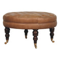 Load image into Gallery viewer, Brown Buffalo Leather Round Ottoman with Castor Legs