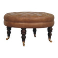 Load image into Gallery viewer, Brown Buffalo Leather Round Ottoman with Castor Legs