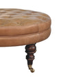 Load image into Gallery viewer, Brown Buffalo Leather Round Ottoman with Castor Legs