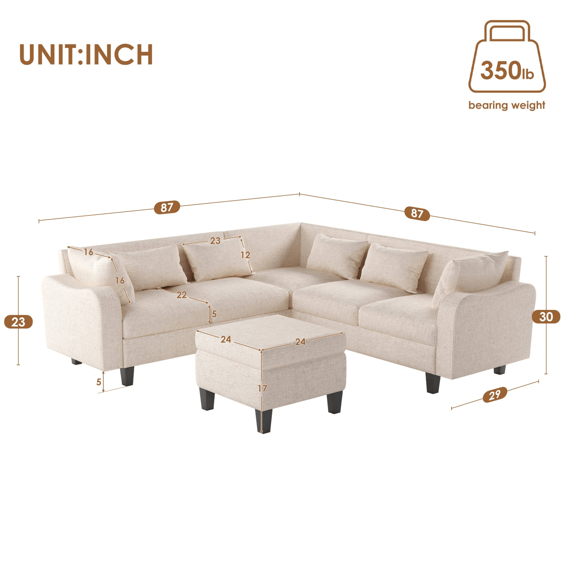 87" Modern Sectional Sofa with coffee table,6-Seat Couch Set with