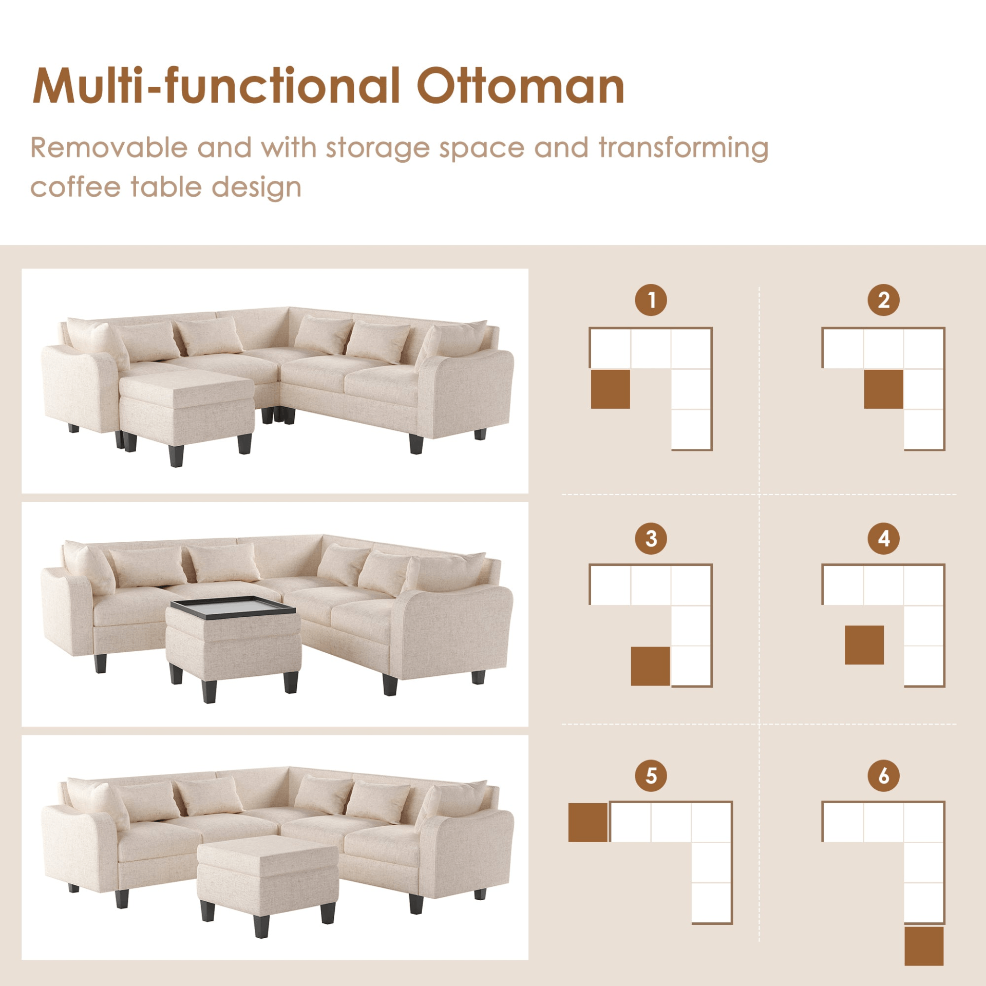 87" Modern Sectional Sofa with coffee table,6-Seat Couch Set with