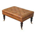 Load image into Gallery viewer, California Walnut Buffalo Green Leather Ottoman with Castor Legs
