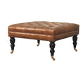 Load image into Gallery viewer, Studded Buffalo Tan Leather Ottoman with Castor Legs
