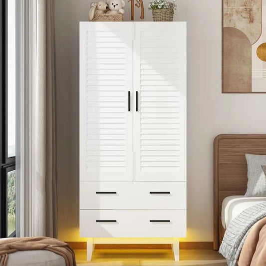 Mid-Century Wardrobe Armoire with Louver Doors Storage Drawers and Hanging Rod